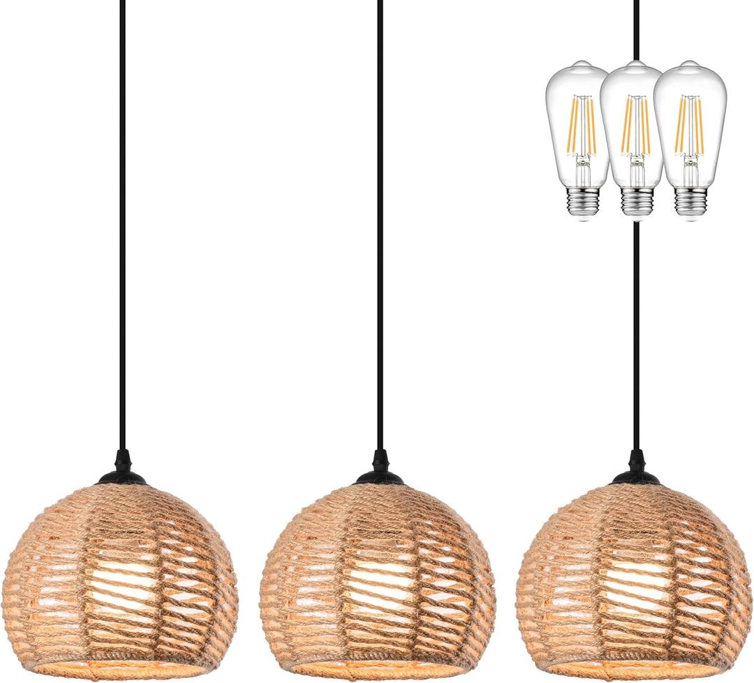 3 Pack Woven Pendant Light Boho Chandelier Dome Rustic Farmhouse Chandelier Hemp Rope Lights Rattan Light Fixture for Dining Room Living Room Bedroom Kitchen (Warm White Bulbs Incl.)