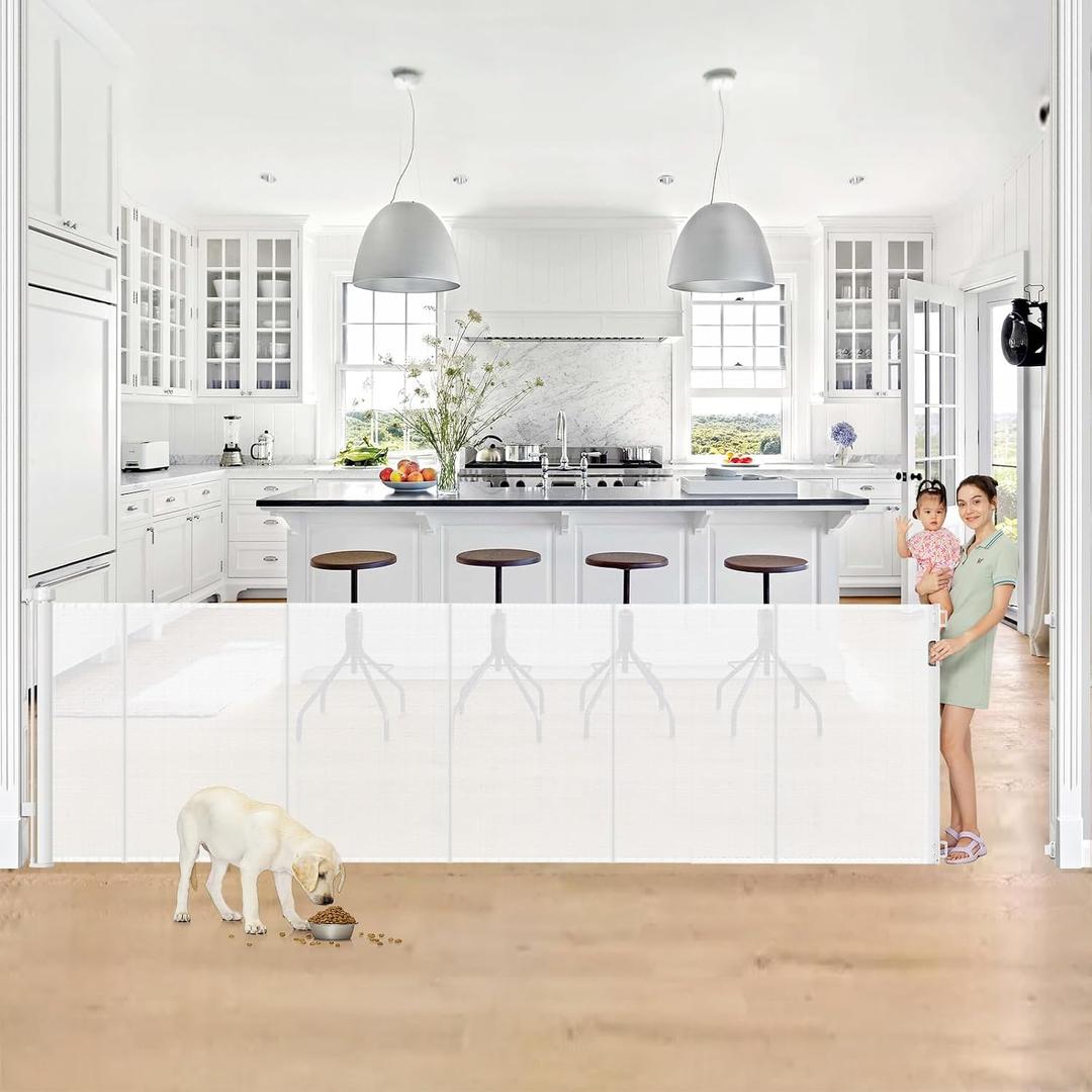 Reinforced 42 Tall x 130 Extra Wide Retractable Baby Gate for Large Openings Extra Tall Dog Gate with Rods to Prevent Crawling Through, Extra Long Mesh Pet Gate for Doorways, White