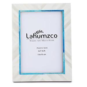Lahumzco Handmade Picture Photo Frame Chevron Herringbone Art Inspired Vintage Table-Top/Wall Décor Boho Frames (5x7 Inches, Blue, White)