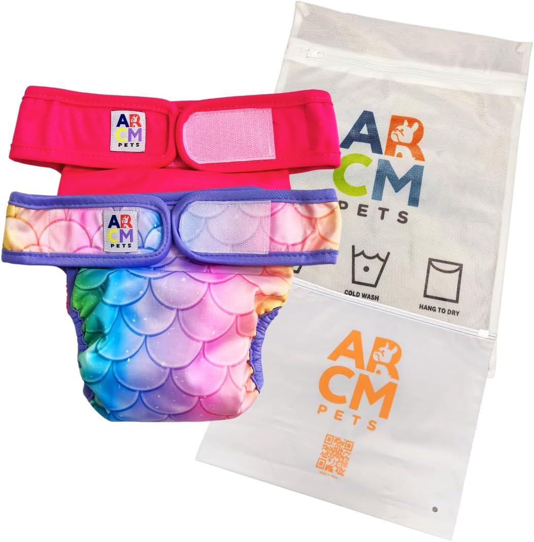 ARCM Pets No Tail Hole Washable Pet Diapers, Dog Diapers Female & Baby Goat Diapers-Ultra Absorbent, Premium Doggie Diapers & Adjustable Waist Diapers for Small Dogs (Pink)