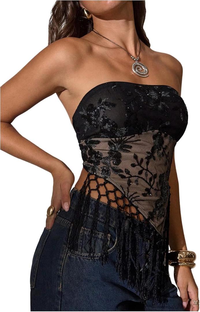 MakeMeChic Women's Sequin Tube Top Fringe Y2K Tassel Mesh Sheer Rave Sparkly Party Tops, X-Small (Black)