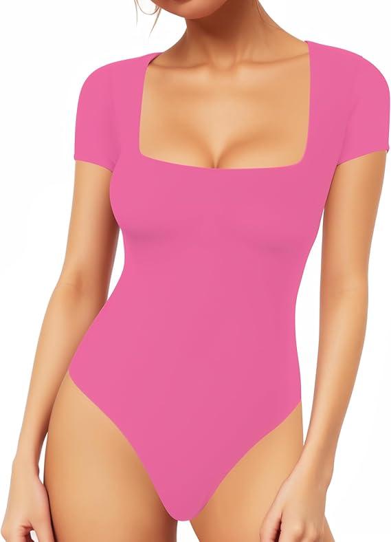 MANGOPOP Women's Square Neck Short Sleeve Long Sleeve Bodysuit Sexy Body Suits Shirt Slim Fitted Tops, XX-Large