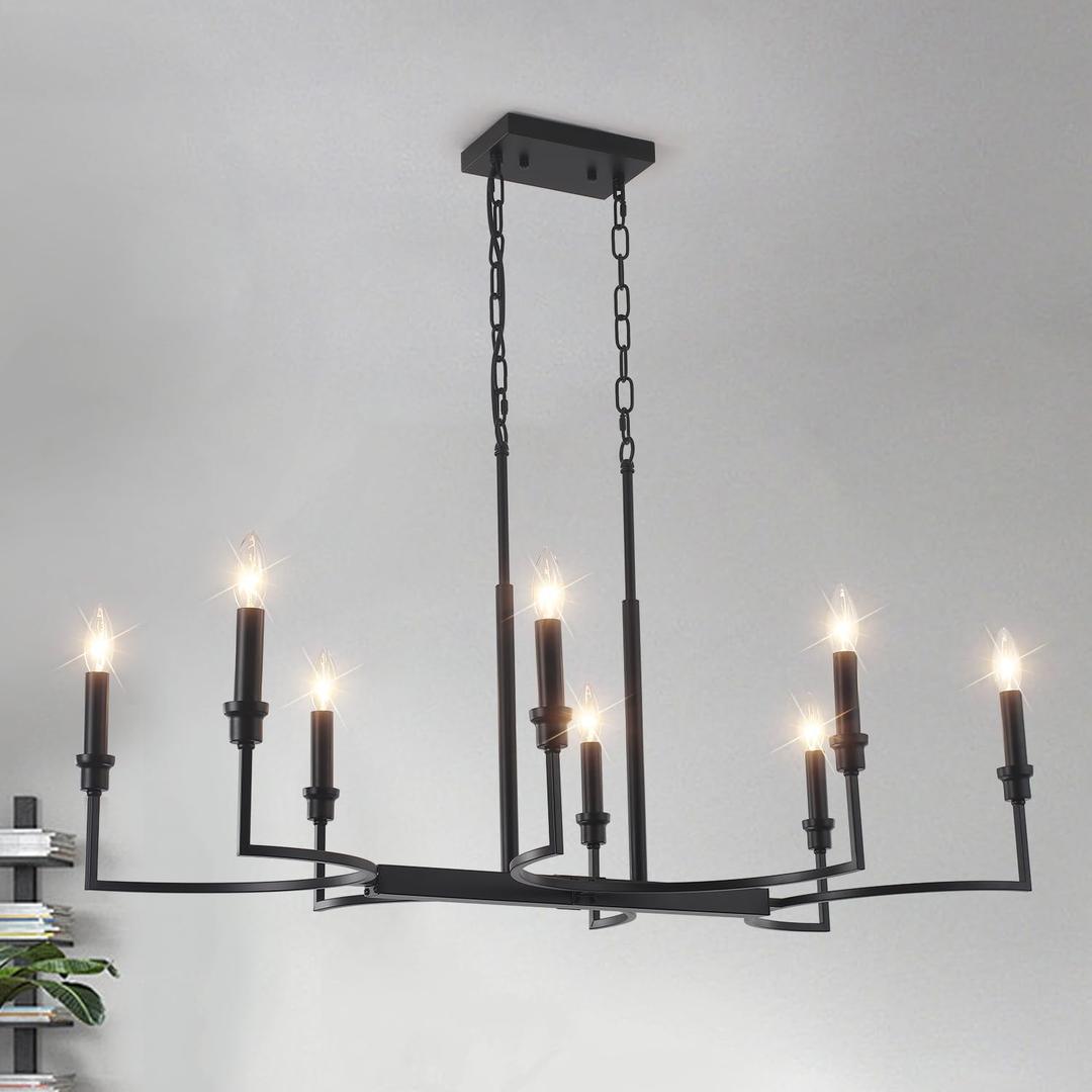 8-Light Black Chandelier, Dining Room Light Fixtures Over Table, Metal Candle Rectangular Modern Farmhouse Chandelier Light Fixture Retro Kitchen Island Lighting Living Room Entryway Foyer 37in
