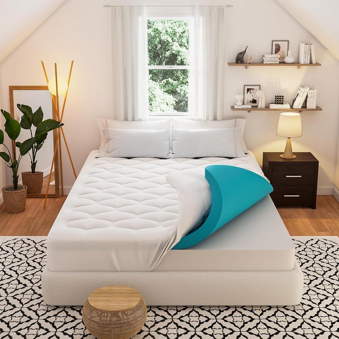 OhGeni Cooling 4 inch Dual Layer Full Mattress Topper, 2 inch Gel Memory Foam, 2 inch Down Alternative Pillow Top Pad, Mattresses Cover for Bed, Medium Support, Fits 6-19 Deep Pocket