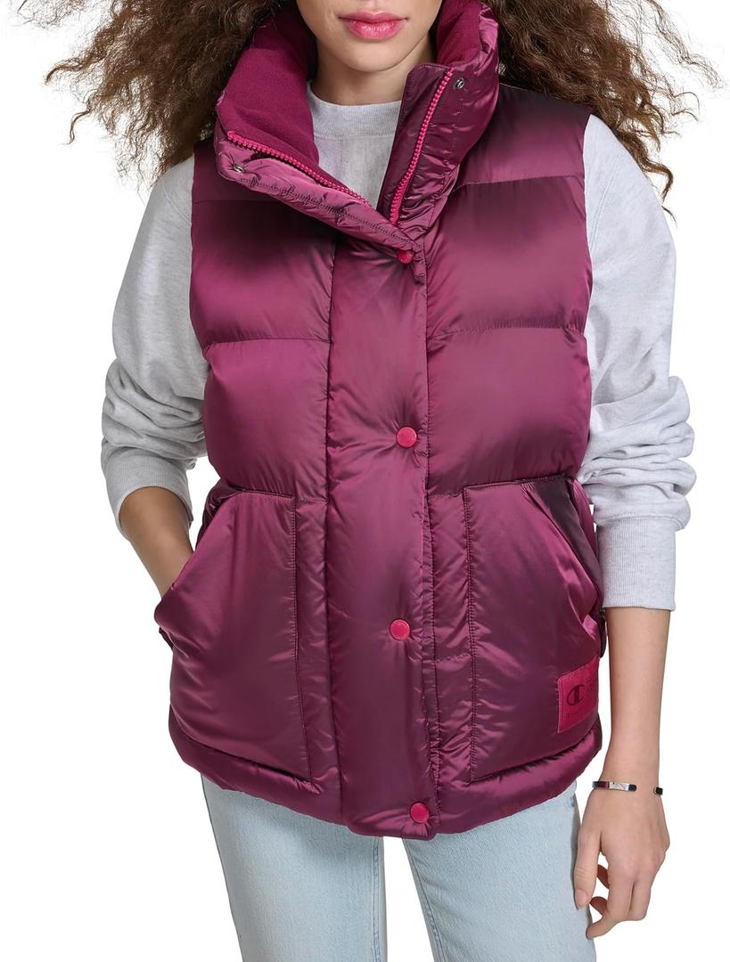 Champion Women's Satin Quilted Puffer Vest With Stand Collar (Medium, Dark Pink)