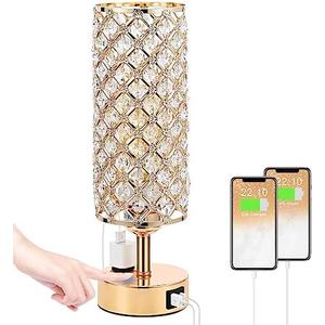 Hong-in Crystal Table Lamp, Gold Lamp for Bedroom with USBC-A+ AC Charging Ports, 3 Way Dimmable Light with Crystal Lampshade, Bedside Lamp Touch Light for Girl Room, Charge Phone (Bulb Included)