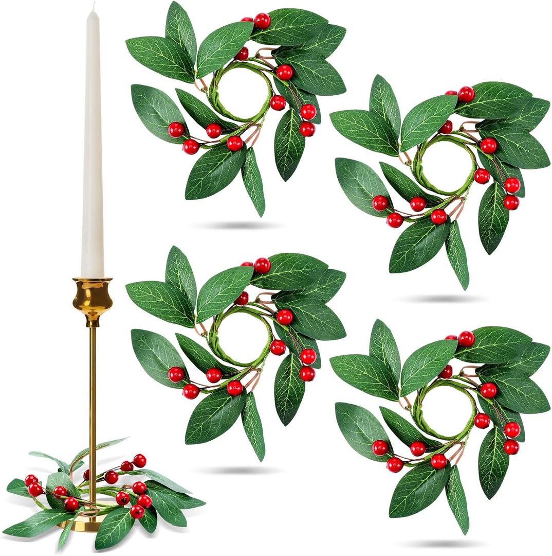 4 Pcs 1.26'' Christmas Candle Ring Wreath Mini Berry Garland Artificial Candle Holder Rings for Christmas Table Centerpiece Home Party