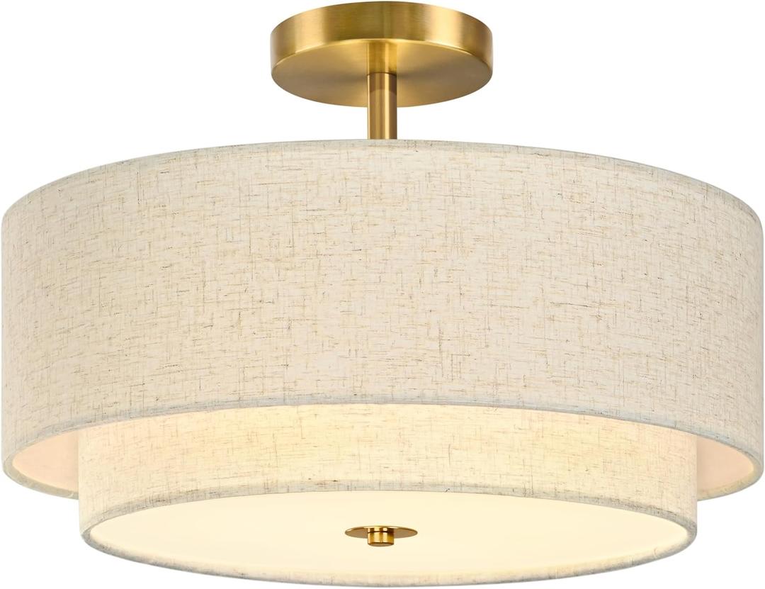 Bagood 3 Light Semi Flush Mount Ceiling Light Fixture 16 Inch Modern Gold Drum Ceiling Light Fixture with 2-Layer Fabric Shade Dimmable Close to Ceiling Light for Living Room Hallway Bedroom Entryway