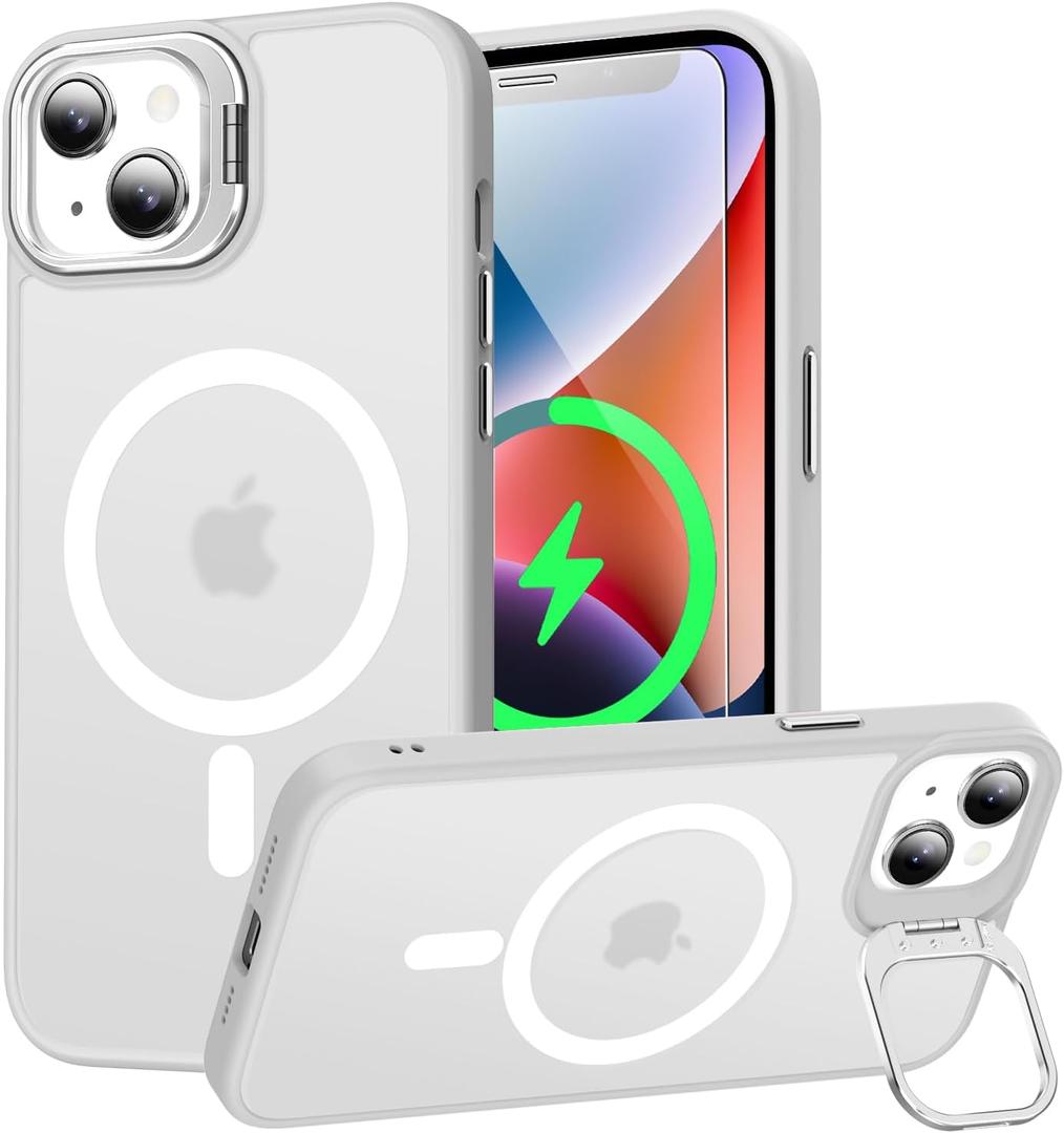 Goodon Magnetic for iPhone 13 Case with Screen Protector, Built-in Metal Camera Kickstand,[Compatible with Magsafe] [Wireless Charging] Matte Protective Phone Cover 6.1" for Men Women Girls - Clear
