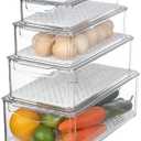 Naivees Plastic Fridge Organizer,Clear Storage Containers for Fridge Stackable Organizer Bins Square Food Storage Box Keep Fresh for Vegetable,Food,Fruits (4 PACK)