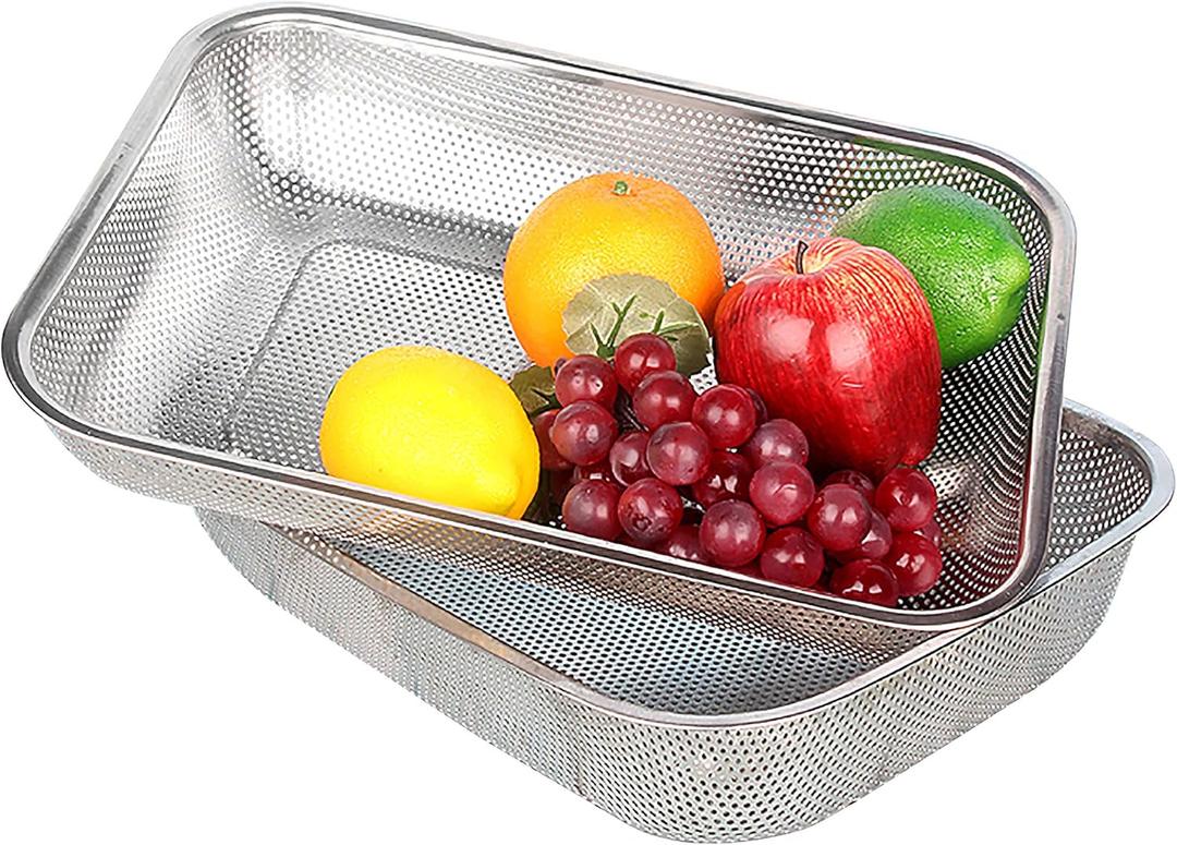 Cedilis 2 Pack Large Stainless Steel Colander Strainer, 6 Quart Mesh Vegetable Washing Basket, Rectangle Drainer Sink Basket for Vegetable Fruit Food (15" x 11" x 2.6")