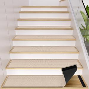 Peel and Stick Stair Carpet Treads for Wooden Steps, 15 Pack Indoor Beige Stair Mats, Basement Safety Stick On Stair Rug Step Pads for Pet Dog, Elders and Kids (Stair Tread Set (15 pieces, 8" x 30"))