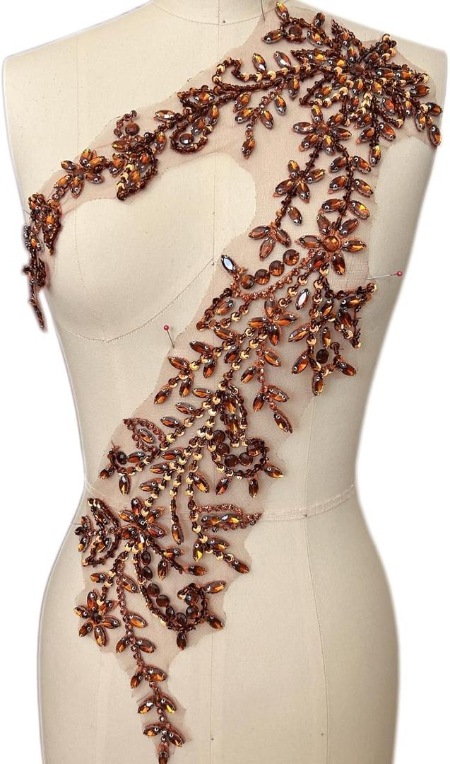 Lace Appliques Patches Glass Acrylic Rhinestoens Sewing for Wedding Dress Sew on Clothing Prom Costumes Gown Designer DIY Front Bodice Decorations (Brown)