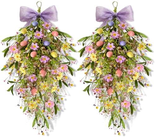 2 Pack 22'' Easter Swag Wreaths for Cabinets Easter Teardrop Wreath with Daisy Flower and Eggs Artificial Spring Teardrop Wreath Hanger for Farmhouse Front Door Porch Window Wall Hanging Decor