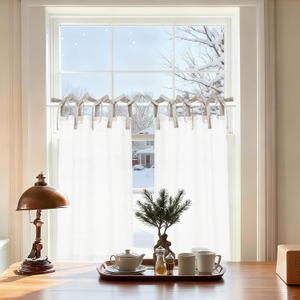 jinchan Linen Tie Top Curtains 36 Inch Length Farmhouse Cafe Curtains Set of 2 for Bedroom Bathroom Rustic Small Windows Light Filtering White Panels with Oat Ties