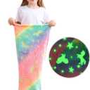 Softan Kids Mermaid Tail Blanket, Glow in The Dark Unicorn and Mermaid Gifts for Girls, Soft Flannel Fleece Toddler Blanket with Rainbow Ombre Fish Scale Design - 17" x 39"
