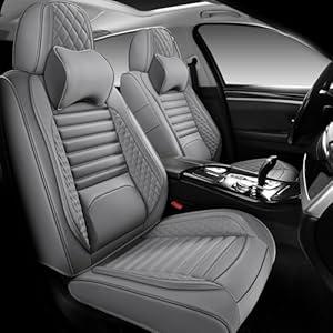 WENNFOUR Car Seat Cover Full Set, Universal Leather Seat Covers with Headrest Pillow, Fits Most Cars SUVs Pickup Trucks, Full Coverage Car Seat Protectors, 5 Seats Car Seat Cushion, Grey