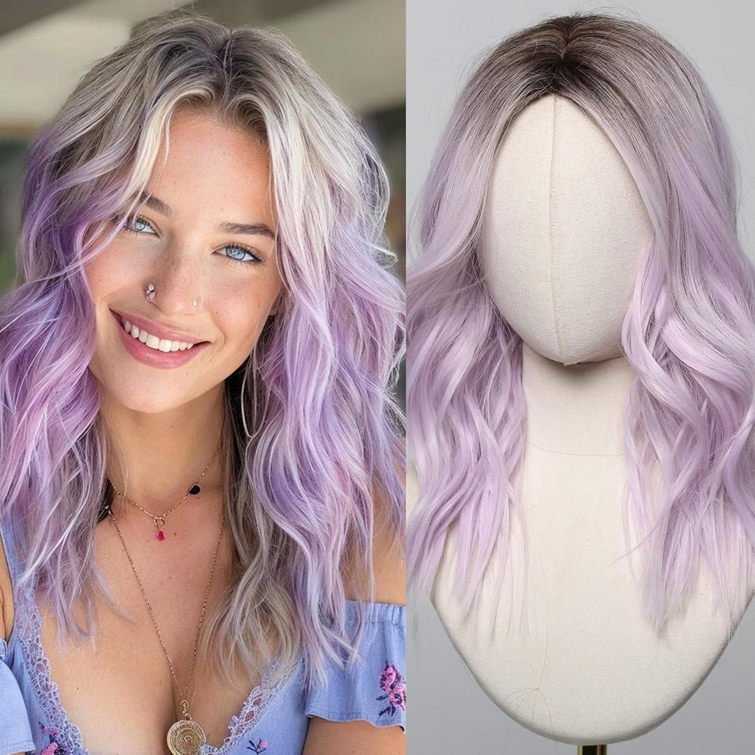 testar Purple Wig Medium Length Lavender Wigs for White Women 20 Inch Short Middle Part Bob Wig Heat Resistant Synthetic Wavy Curly Wigs for Girls Daily Party/Christmas Use