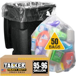 Tasker 95-96 Gallon Trash Bags, (Value Pack 50 Bags w/Ties) Extra Large Heavy Duty Clear Plastic Recycling Trash Bags, 90 Gallon, 95 Gallon, 96 Gallon, 100 Gallon (Clear)