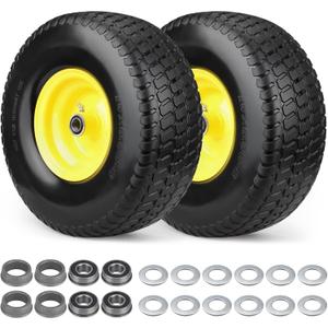 2 Pcs 15x6.00-6 Flat Free Lawn Mower Tire and Wheel, 15x6-6 nhs Lawn Mower Front Tires, Compatible with John Deere Riding Mowers Lawn Tractors, with 3/4" & Extra 5/8" Bearings, 3"-4.4" Centered Hub, Missing Bearings