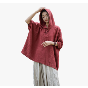 Women's Linen Hooded T-Shirt top with Casual Button Down Cape Style 3/4 Sleeve top Size XL