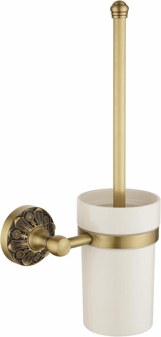 Antique Brass Toilet Brush and Holder, Bathroom Wall Mounted Toilet Bowl Brush with Canister, Vintage Gold Decorative Bathroom Accessories, Ceramic and Brass, Petal-Relief Series