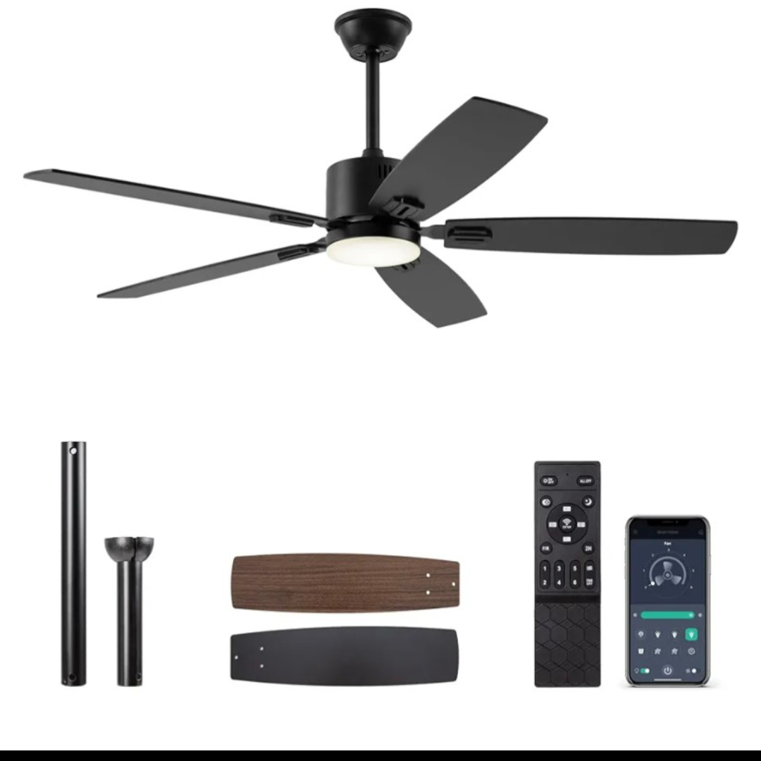 SUNMORY 37.5×34.5×19 CM Ceiling Fans with Lights, Smart Ceiling Fan with APP and Remote Control, Reversible DC Motor, Noiseless, Stepless Dimmable, Modern Ceiling Fan for Indoor/Outdoor Use, Black