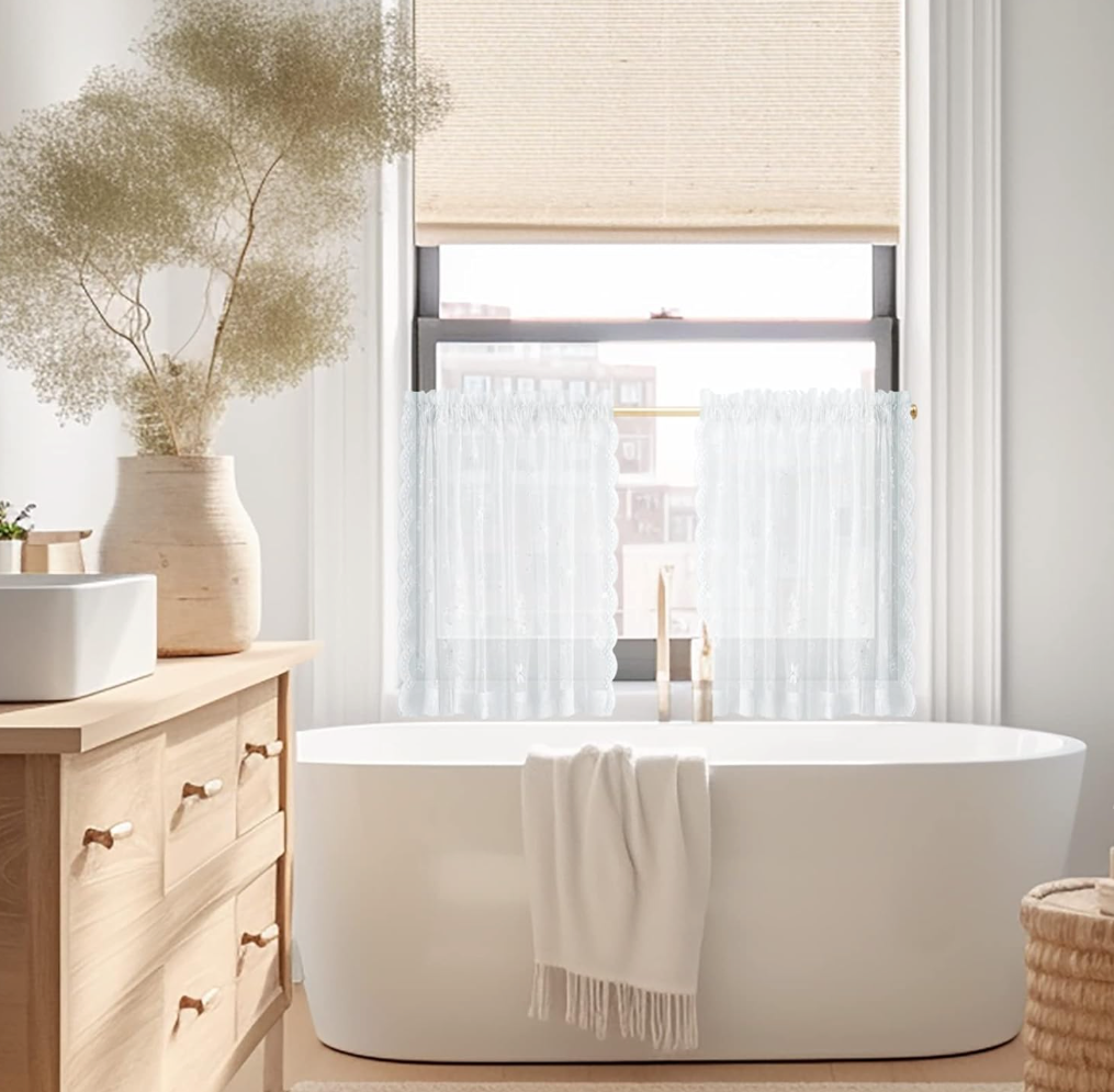 WestWeir Black Lace Curtains - Sheer Lace Curtains with Scalloped Edges, Pearls Dcor Vine Floral Pattern, Light Filtration & Easy Maintenance for Bedroom, Living Room, Halloween, 55 x 63 Inch Length