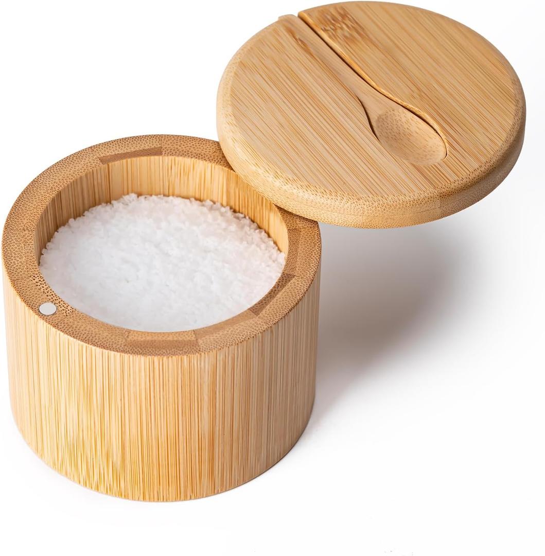 Bamboo Salt Cellar, Salt Box with Magnetic Swivel Lid, Spice Box with Spoon, Round Salt Container for Storing Salt Pepper Sugar Herbs,6 Ounce Capacity