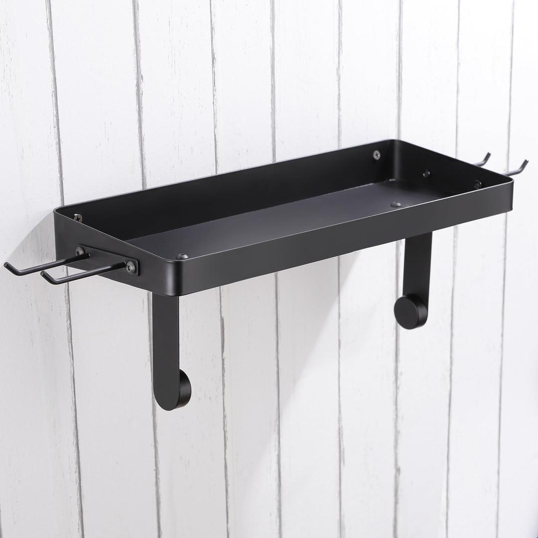 YIGII Garage Paper Towel Holder with Shelf - Wall Mount Paper Towel Holder with 4 Hooks, Single-Hand Tear Paper Towel Rack Heavy Duty Tissue Holder for Clean Station, Craft Room, Workbench (Black)