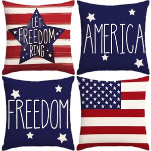 4th of July Pillow Covers 18x18 Inch,Set of 4 Patriotic Red White Blue Summer Outdoor Throw Pillow Covers,Independence Memorial Day USA Flag Linen Fourth of July Cushion Case for Sofa Couch Decor
