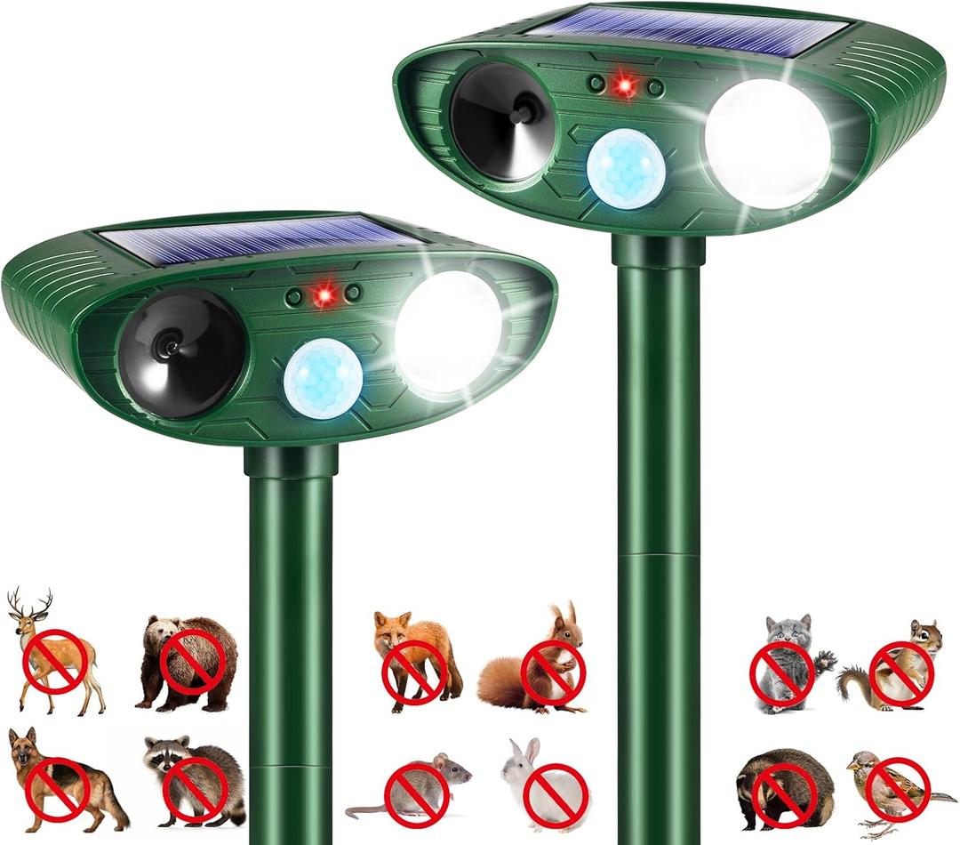 2 Pack 2025 Solar Ultrasonic Repellent Outdoor Cat Squirrel Rabbit Deer Repellent Devices Skunk Repellent for Yard with Motion Detection Animal Deterrent Light for Racoon Rodent Dog Mole
