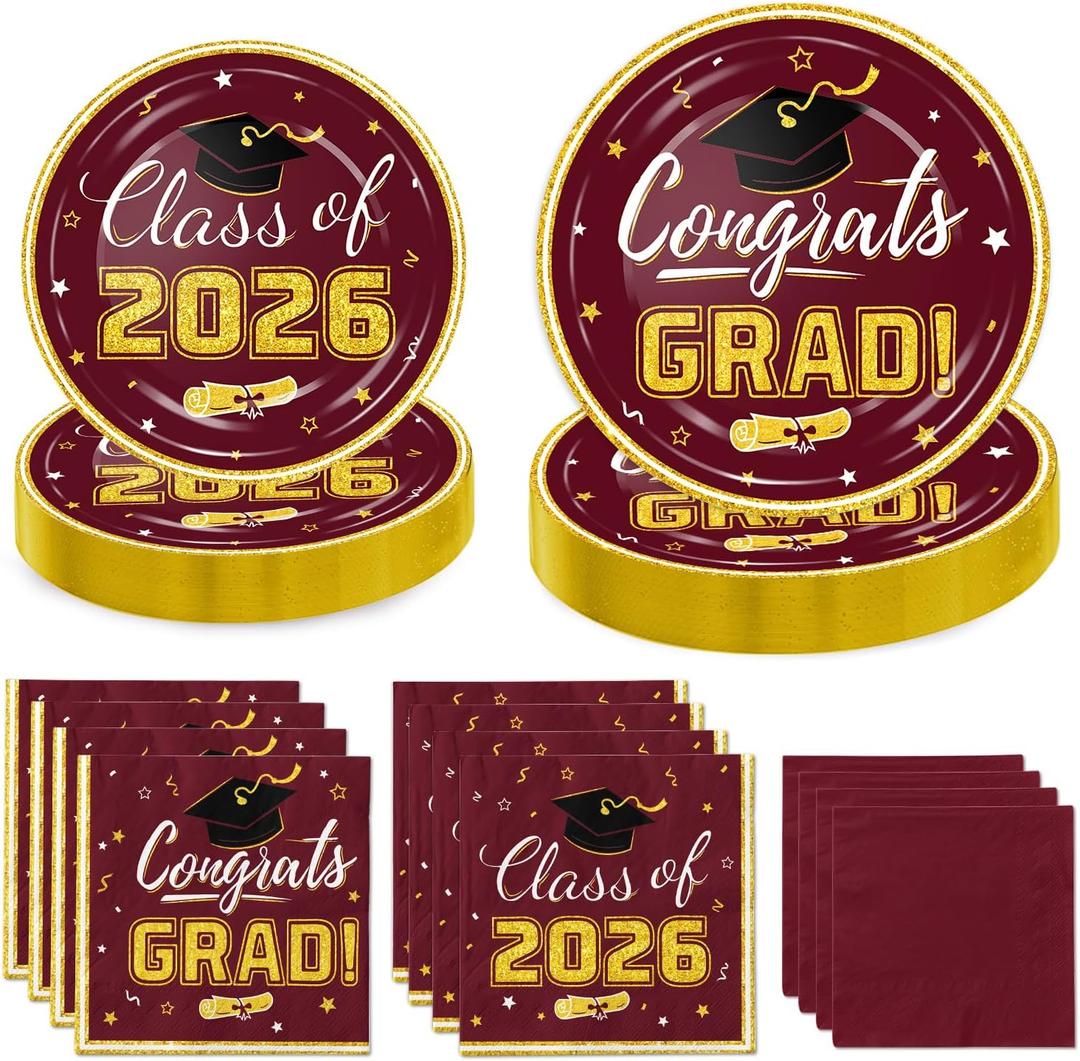 Graduation Plates and Napkins - Disposable Paper Plates Cocktail Napkins Luncheon Napkins for Maroon and Gold Graduation Party Decorations, Serve 50