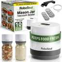 RoboSeal Electric Mason Jar Vacuum Sealer Kit with 10 Lids, Works on Wide & Regular Mouth for Canning Food, Auto Stop One Touch Operation, Digital Battery Indicator, Jar Opener Included