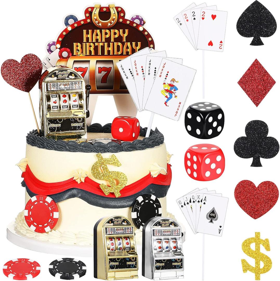 Gersoniel 21 Pieces Casino Cake Decorations Set Includes Mini Slot Toy Machine Poker Cake Cupcake Topper Casino Happy Birthday Topper Poker Chips Dices for Las Vegas Scene Theme Parties