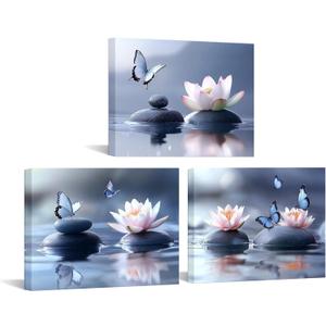 IKNOW FOTO Zen Lotus Flower Canvas Wall Art - 3pcs Calming Spa Decor with Stones and Butterfly - Water Lily Modern Artwork for Bathroom, Yoga Studio, Meditation, or Living Room - 12x16 Each