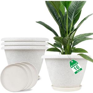 Plastic Flower Pots Planters For Indoor Plants, 4 Pack 16 Inch White Plant Pots With Drainage Hole & Tray, Modern Decorative Large Plant Pot With Saucer For Indoor Outdoor Plants Garden House Planter