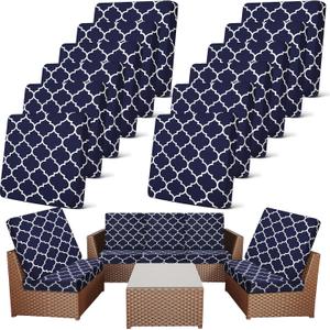 Newwiee 12 Pcs Patio Cushion Covers Outdoor Stretch Sofa Couch Cover Replacement Couch Slipcover Sofa Seat Chair Porch Patio Furniture Protector, Flexibility Washable(Navy Blue,Moroccan)