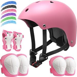 Kids Bike Helmet Set, Adjustable Helmet for Boys Girls, Toddler Pad Set with Knee and Elbow Pads for Bike, Roller, Skating, Scooter, Longboard and More Sports (Pink), Size: S: 18.9"-21.3"/2-8 years old