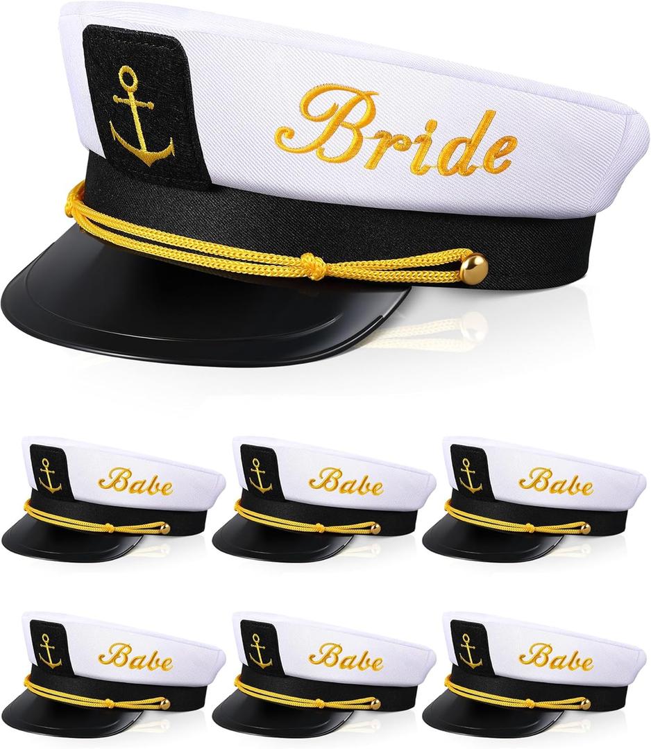 Jecery 7 Pcs Bride Babe Captain Hats Bachelorette Captain's Hat Nautical Bachelor Hat for Wedding Party Bridal Shower Gift Decor Boat Cap