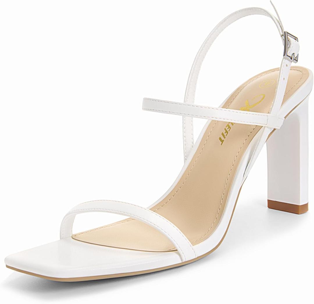 Athlefit Women's Strappy High Heels Square Open Toe Heeled Sandals Ankle Strap Dressy Wedding Party Shoes (8.5, White)