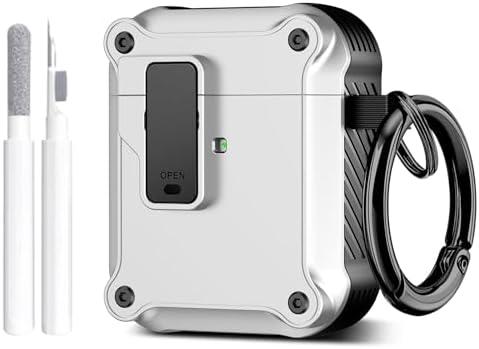 Maxjoy for AirPods Case, Carbon Fiber Secure Lock Clip Full Body Shockproof Hard Shell Protective Case Cover with Keychain for AirPod 1st and 2nd Generation Wireless Charging Case, White