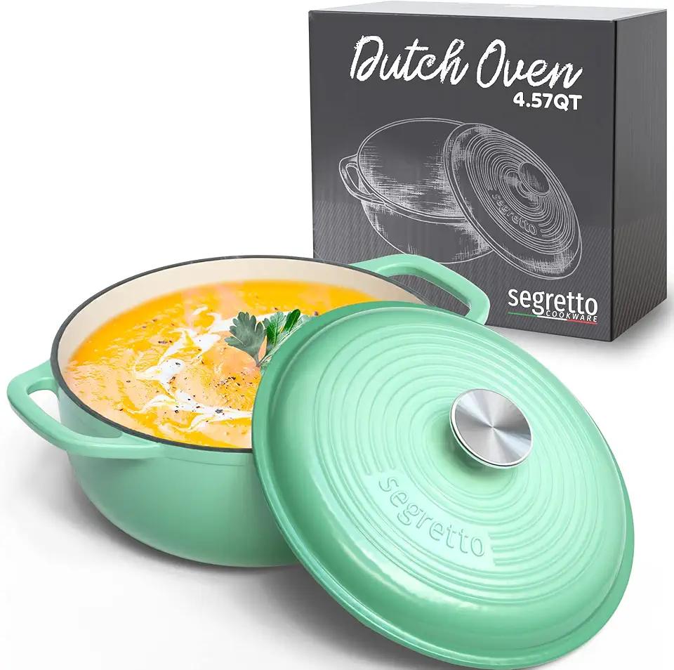 Segretto Cookware Enameled Cast Iron Dutch Oven with Handle, 4.57 Quarts, Verde Chiaro (Gradient Green) Oven Safe Dutch Oven Pot With Lid Ceramic Enamel Cast Iron Pot Cookware | Bread Oven