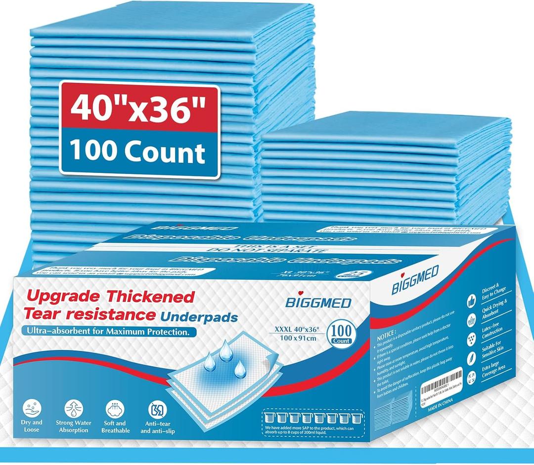 BIGGMED 100 Count Incontinence Bed Pads 40'' x 36'' Tear-Resistant Disposable Underpads Heavy Duty Chucks Pads for Adults, Kids & Elderly | Protection Pads for Bed, Sofa, and Chair