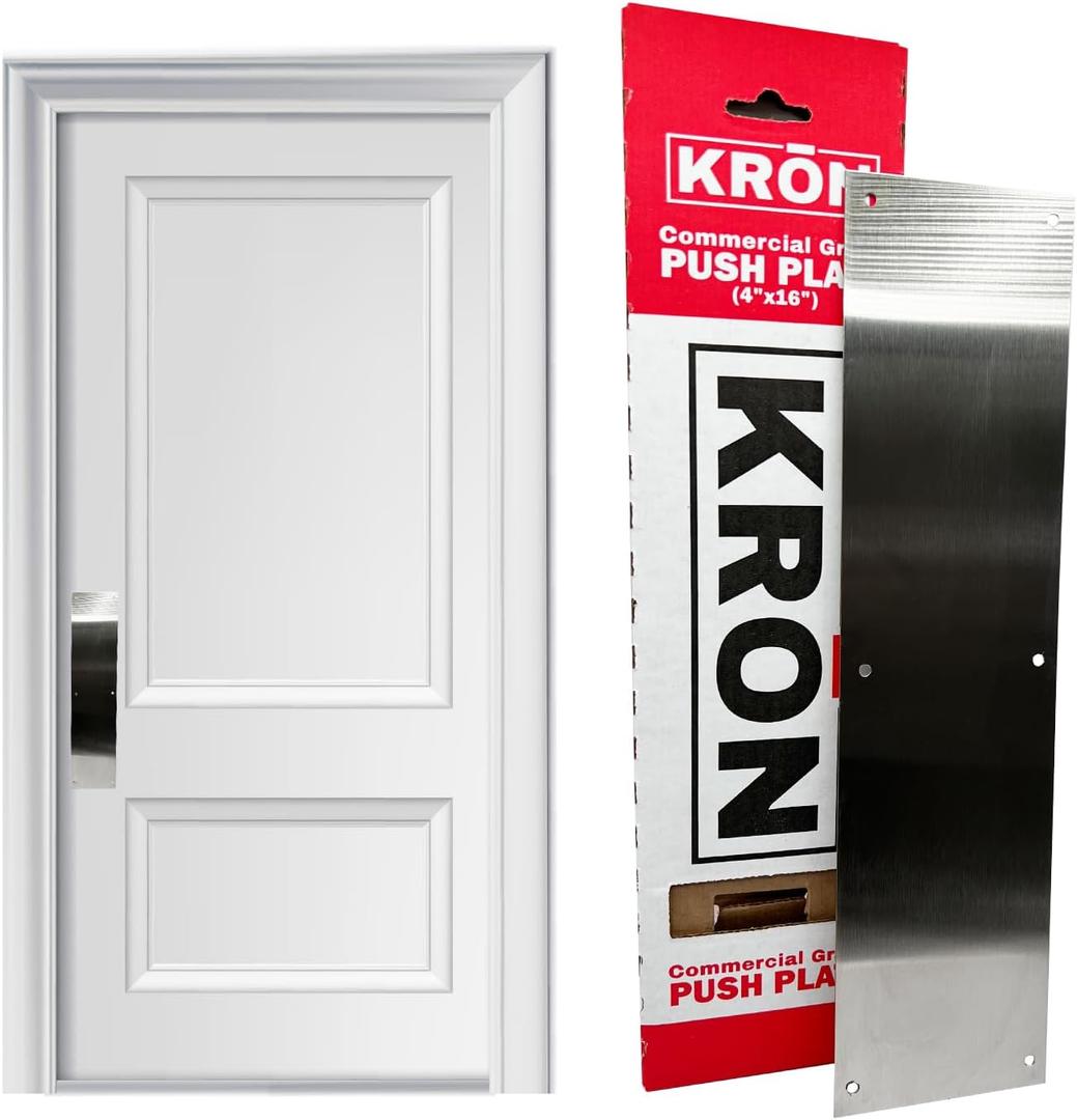 KRON - Door Push Plate, 4 x 16 Metal Plate with Screws for Wood or Metal Doors, Door Protection with Pre-Drilled Holes and Commercial Grade Screws - Stainless Steel