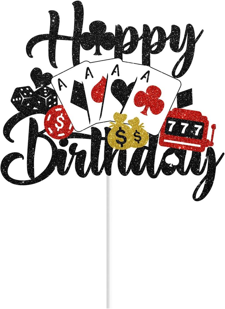 7 x Casino Cake Topper Happy Birthday Las Vegas Cake Topper Poker Chips Cake Topper Casino Themed Party Supplies for Casino Night Party Decorations Gambling Party Decorations Vegas Birthday Decorations
