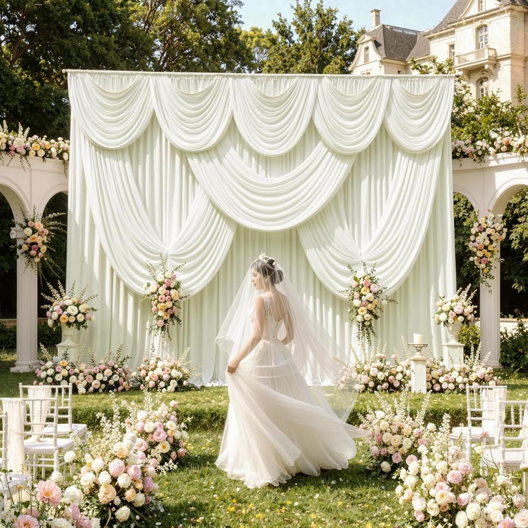 50ftx12ft Wrinkle Free Ivory Backdrop Curtain, 10 Panels 12FT Height Ivory Wedding Backdrop Drapes, Silky Polyester Back Drop Cloth for Birthday Photography Background Party Backdrop Draping