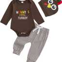 DSOKUHIB Newborn Baby Boy Thanksgiving Outfit Long Sleeve Letter Embroidery Romper Stripe Pants Turkey Hat Set Infant Clothes (12-18 Months, Brown)