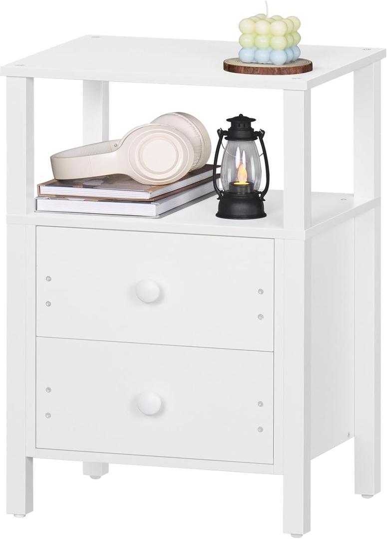 Lerliuo White Night Stand, Small Nightstand with 2 Wood Drawers and Storage Shelf, Modern Bedside Table with Wooden Frame, Rustic Couch Nightstand for Small Spaces, Narrow End Tables for Bedroom