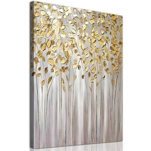 Gold Leaf Picture Abstract Golden Painting Grey Gold and White Artwork Modern Textured Wall Art Golden Tree Artwork Minimalist Botanical Prints Abstract Leaves Canvas Wall Art 16x24inch Framed